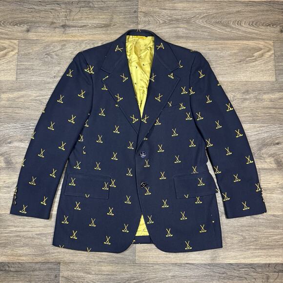 JC Penney Navy Blazer with Embroidered Crossed Golf Clubs Sport Coat RARE 40R - Picture 1 of 15